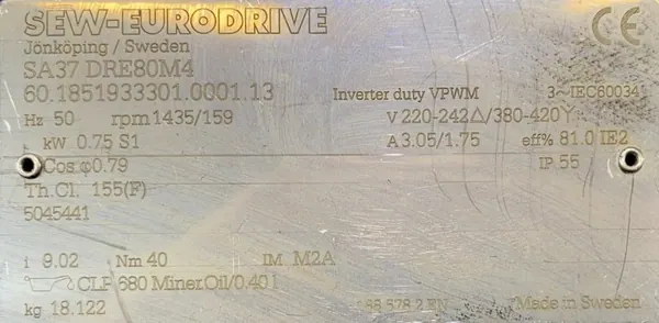Motoreduktor / przekładnia 0,75kW 159obr. 3fazowy SEW - zdjęcie 2