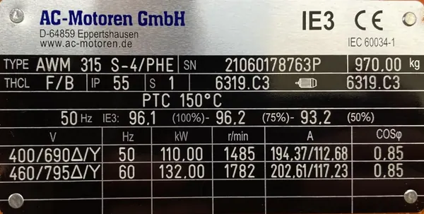 Silnik elektryczny 110kW 1485obr. 3fazowy IE3 - zdjęcie 2