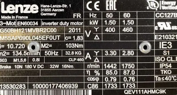 Motoreduktor / przekładnia 1,5kW 134,5obr. HAMULEC Lenze - zdjęcie 2