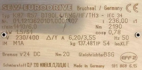 Motoreduktor / przekładnia 1,5kW 6obr. HAMULEC SEW - zdjęcie 2