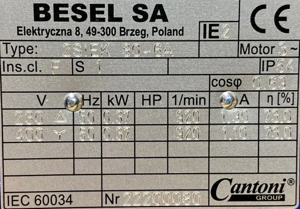 Silnik elektryczny 0,37kW 920obr. 3fazowy BESEL IE2 - zdjęcie 2