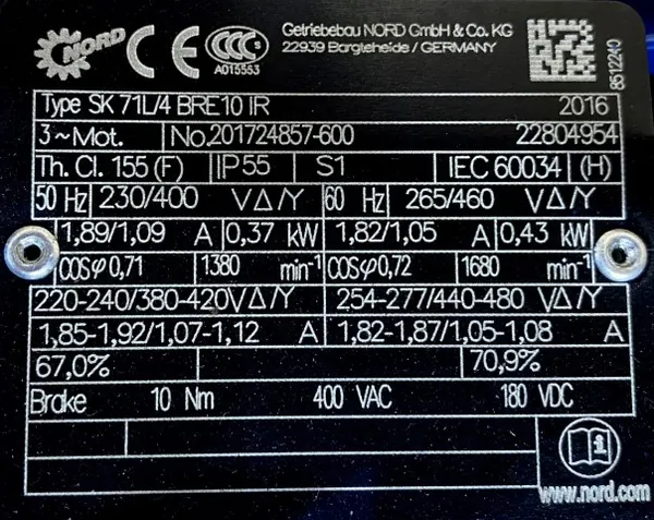 Motoreduktor / przekładnia 0,37kW 20obr. 3fazowy HAMULEC NORD - zdjęcie 2