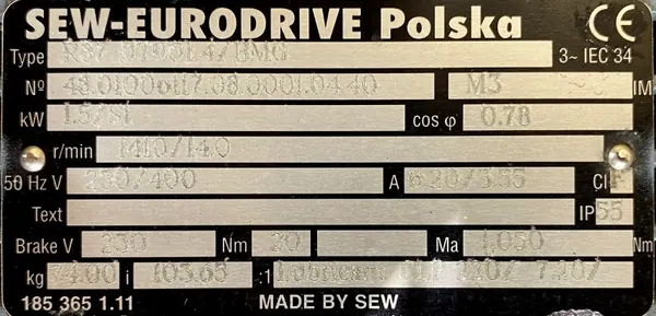 Motoreduktor / przekładnia 1,5kW 14obr. HAMULEC SEW - zdjęcie 2