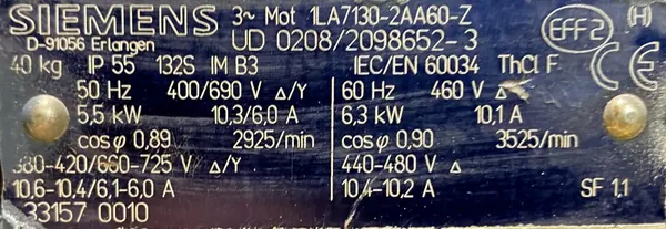 Silnik elektryczny 5,5kW 2925obr. 3fazowy SIEMENS - zdjęcie 2