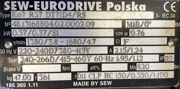Motoreduktor / przekładnia 0,37kW 3,8obr. 3fazowy SEW - zdjęcie 2