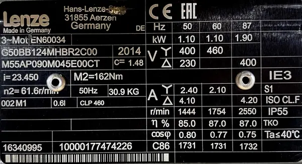 Motoreduktor / przekładnia 1,1kW 61,6obr. 3fazowy Lenze - zdjęcie 2