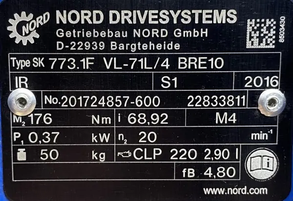 Motoreduktor / przekładnia 0,37kW 20obr. 3fazowy HAMULEC NORD - zdjęcie 3