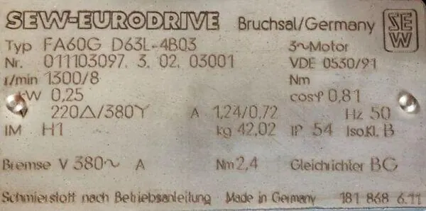 Motoreduktor / przekładnia 0,25kW 8obr. 3fazowy HAMULEC SEW - zdjęcie 2