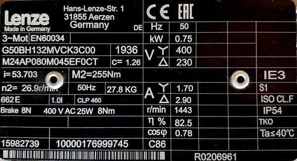 Motoreduktor / przekładnia 0,75kW 26,9obr. 3fazowy HAMULEC Lenze - zdjęcie 2