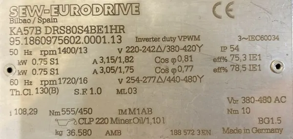 Motoreduktor / przekładnia 0,75kW 13obr. 3fazowy HAMULEC SEW - zdjęcie 2