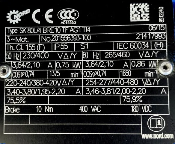Motoreduktor / przekładnia 0,75kW 4,9obr. 3fazowy HAMULEC NORD - zdjęcie 2