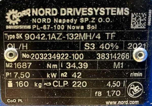 Motoreduktor / przekładnia 7,5kW 42obr. OBCE CHŁODZENIE NORD - zdjęcie 3