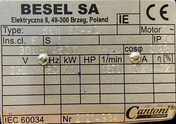 Silnik elektryczny 1,1kW 1370obr. 1fazowy 230V 80B3 BESEL - zdjęcie 2