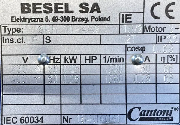 Silnik elektryczny 0,25kW 1380obr. 3fazowy BESEL - zdjęcie 2