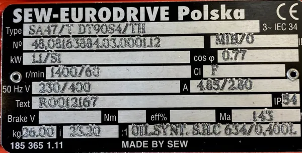 Motoreduktor / przekładnia 1,1kW 60obr. 3fazowy SEW (cz) - zdjęcie 2