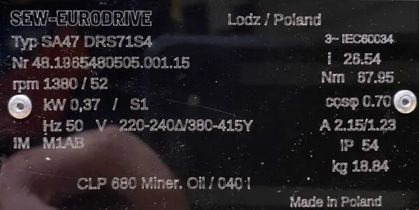 Motoreduktor / przekładnia 0,37kW 52obr. 3fazowy SEW - zdjęcie 2