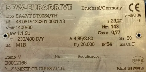 Motoreduktor / przekładnia 1,1kW 60obr. 3fazowy SEW (s) - zdjęcie 2