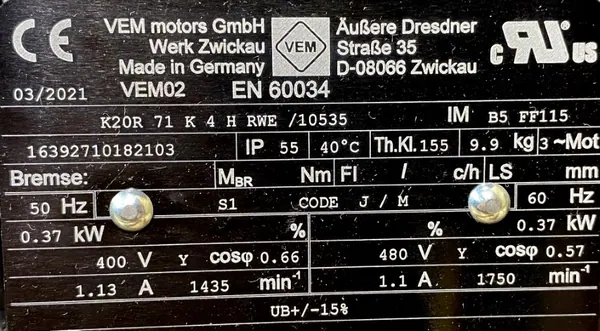 Silnik elektryczny 0,37kW 1375obr. 3fazowy VEM - zdjęcie 2