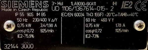 Silnik elektryczny 0,75kW 925obr. 3fazowy SIEMENS IE2 - zdjęcie 2