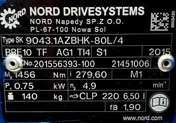 Motoreduktor / przekładnia 0,75kW 4,9obr. 3fazowy HAMULEC NORD - zdjęcie 3