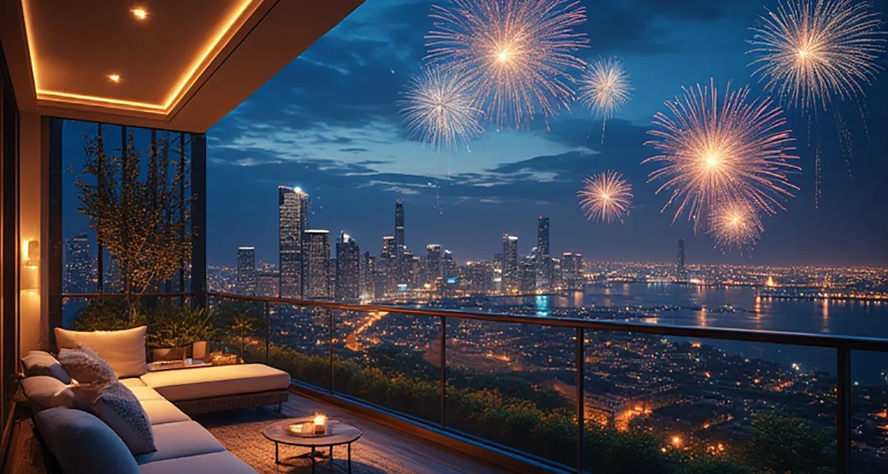 luxury hotel balcony with stunning fireworks view at night