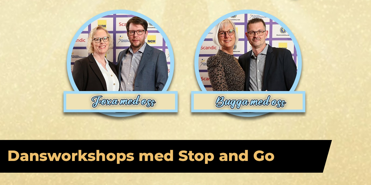 En bld med massa danspar som är på danskurs med texten Workshop i bugg och fox återkommer