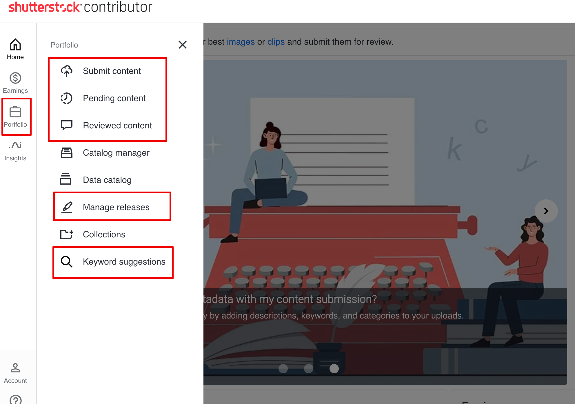 Portfolio section of Shutterstock Contributor platform with content submission tools, release management, and keyword suggestion feature