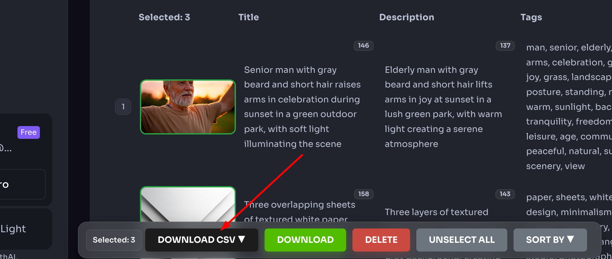 `TagWithAI Ready for Download tab with Download CSV button highlighted in the bottom toolbar`