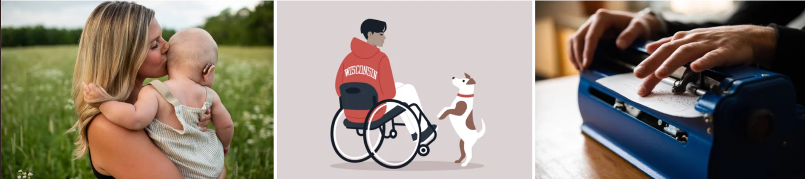 Inclusive visuals showing a mother with a baby using a hearing aid, a wheelchair user with a dog, and hands using a Braille typewriter — disability representation in everyday life
