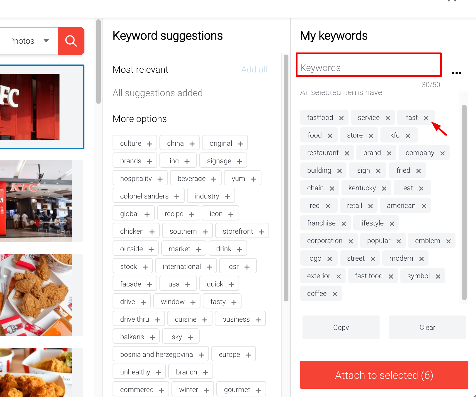 Red 'Attach to selected' button in Shutterstock Contributor keyword tool ready to apply keywords to selected images