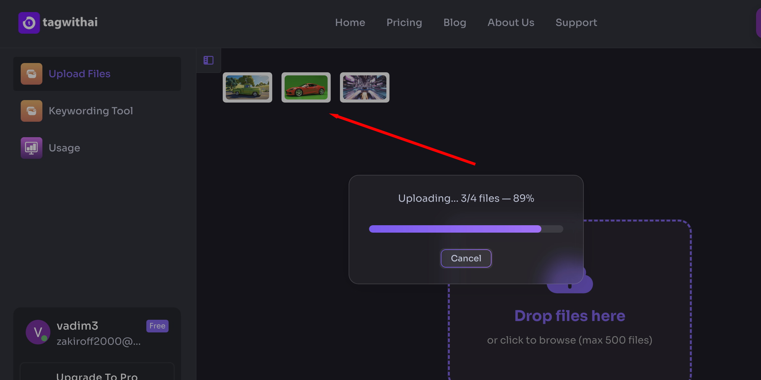 TagWithAI upload progress bar showing file previews and upload status