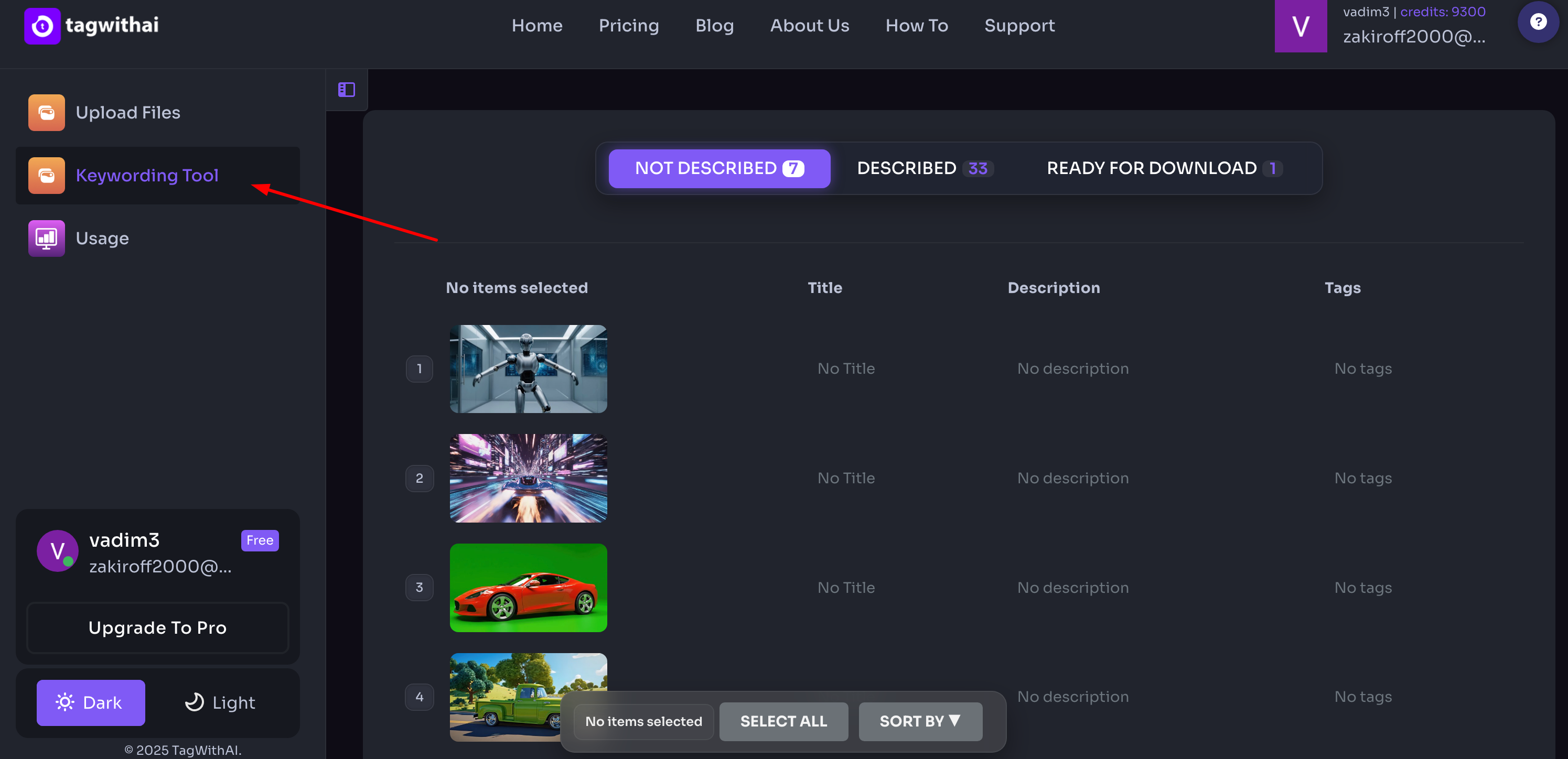 TagWithAI Keywording Tool tab with uploaded files listed and ready to be described