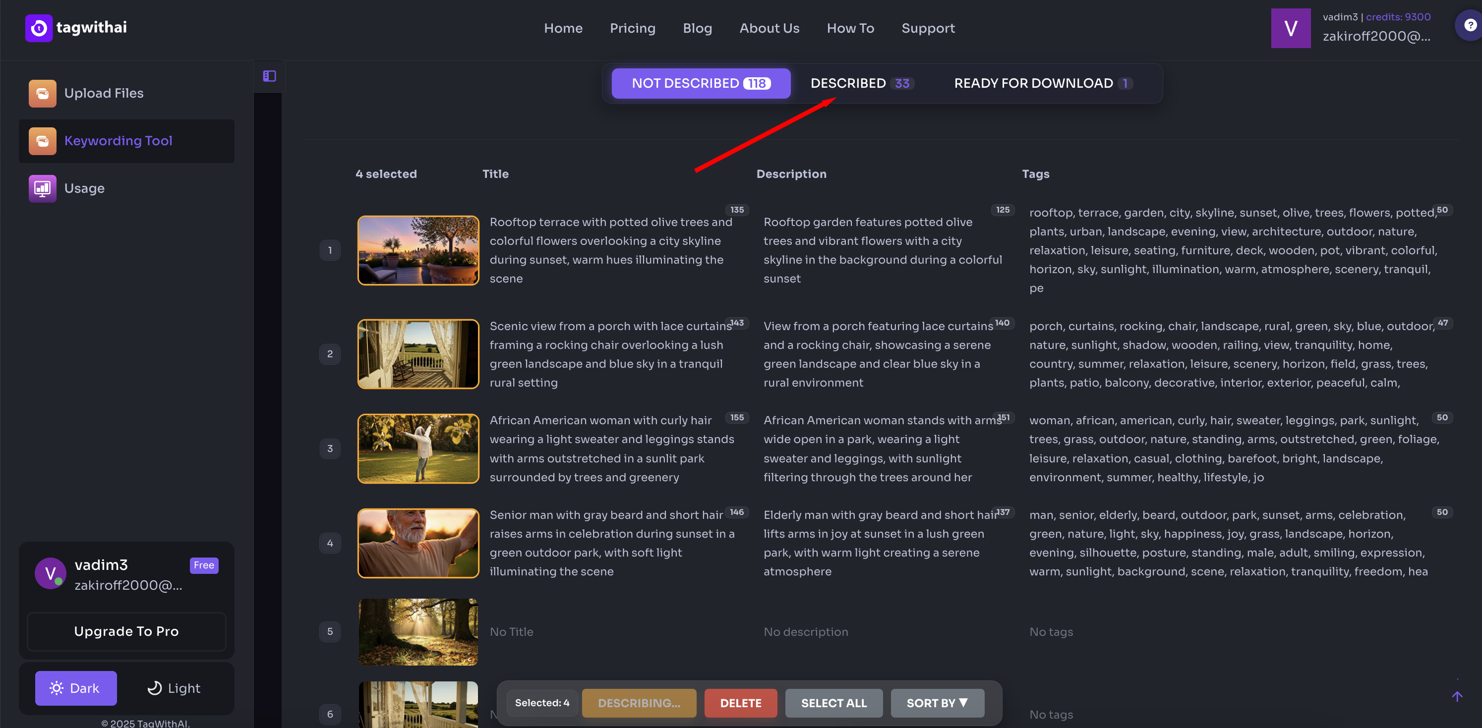 `TagWithAI Keywording Tool showing files being described with generated titles, descriptions and tags visible`
