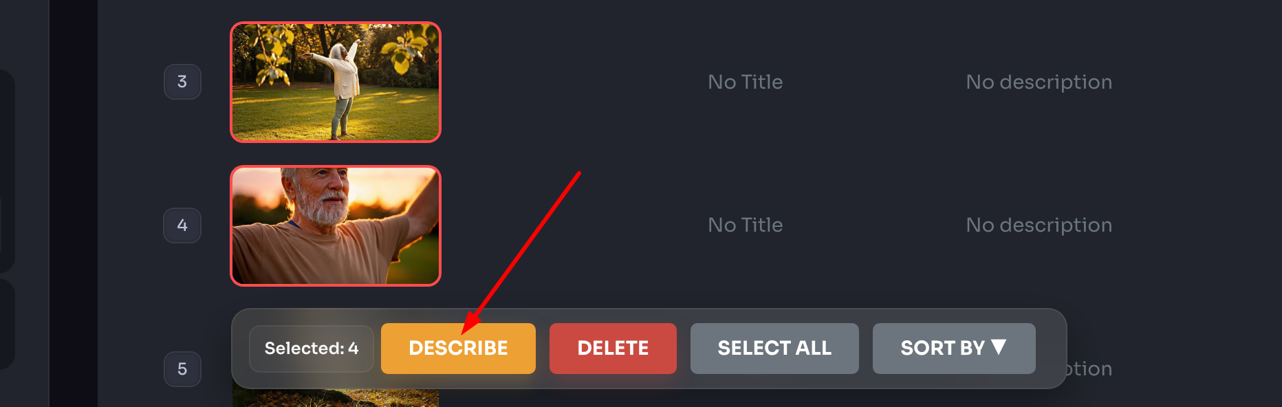 TagWithAI bottom toolbar showing selected file count and Describe button
