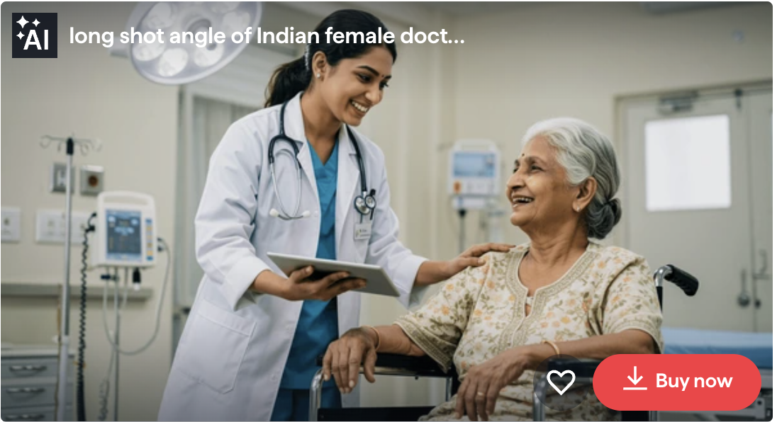 Shutterstock AI-generated image of a young Indian female doctor smiling at an elderly patient in a hospital setting