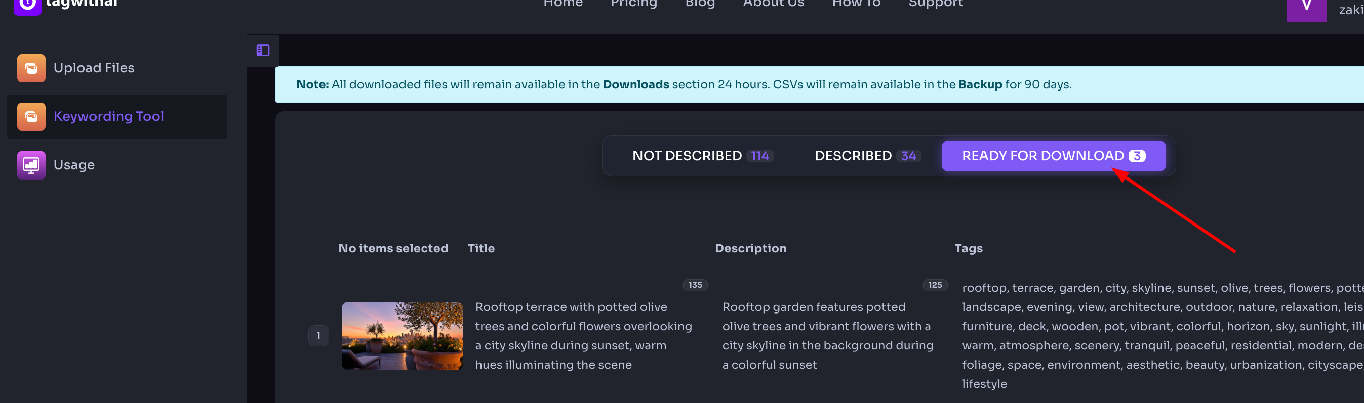 TagWithAI Keywording Tool with files moved to the Ready for Download tab after metadata injection