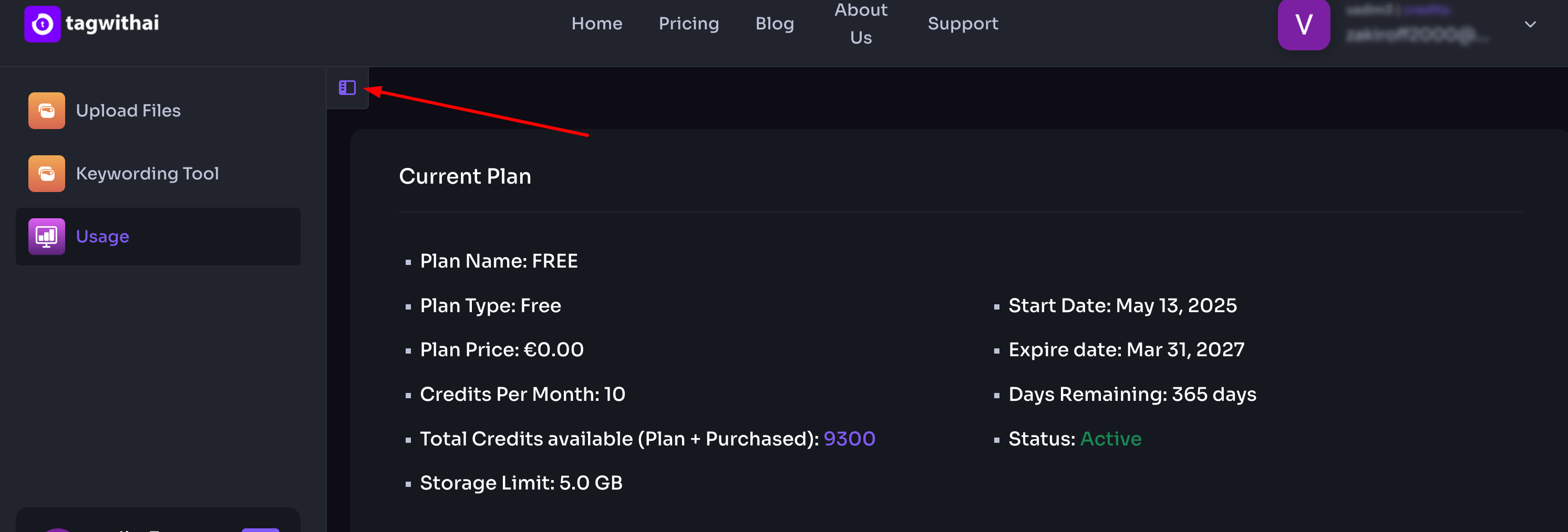 TagWithAI dashboard showing the left navigation panel