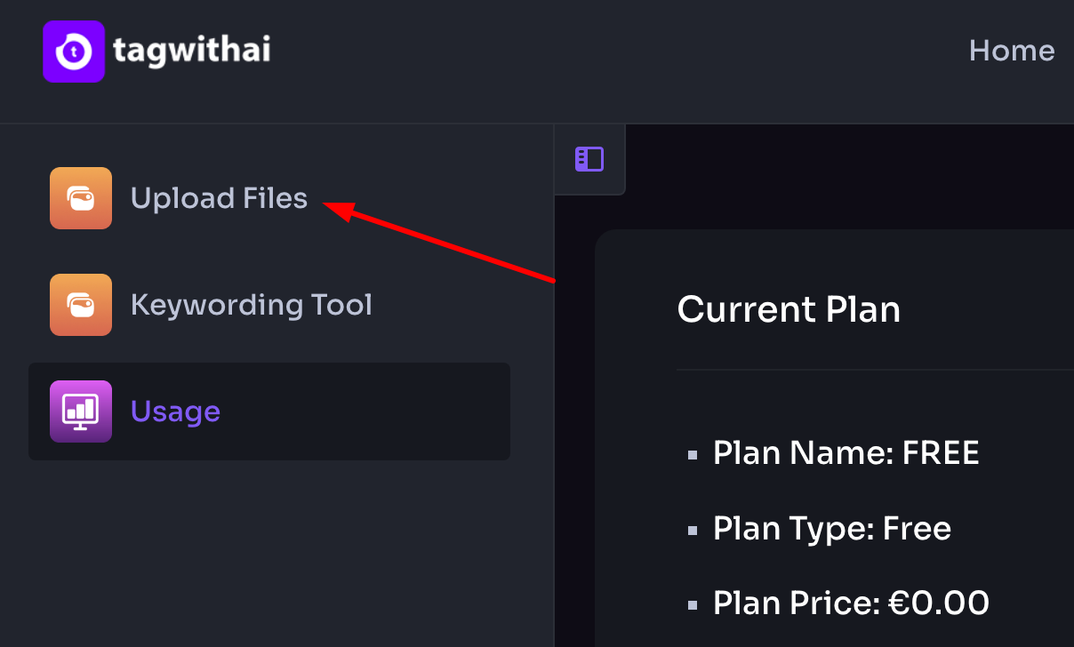 TagWithAI left sidebar with Upload Files button highlighted