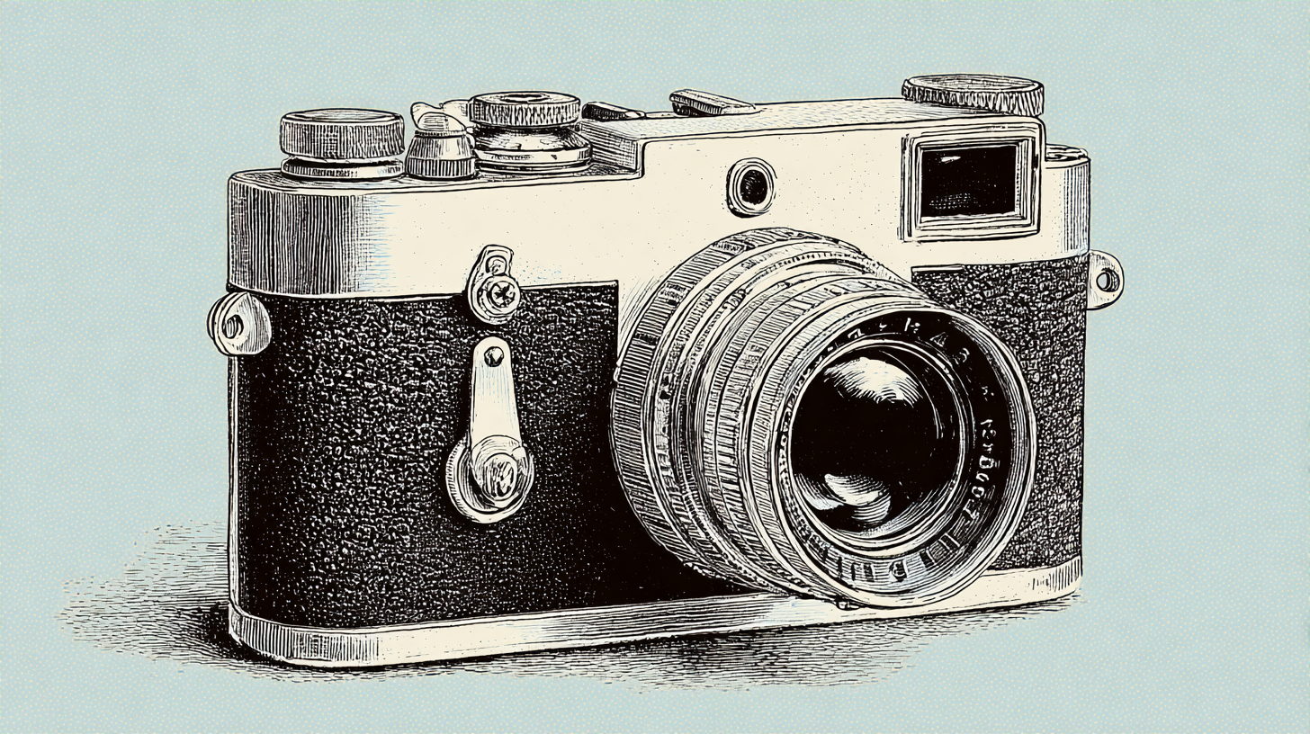 Vintage illustration of a retro camera symbolizing photography, stock photo platforms, and the role of tagging in image classification
