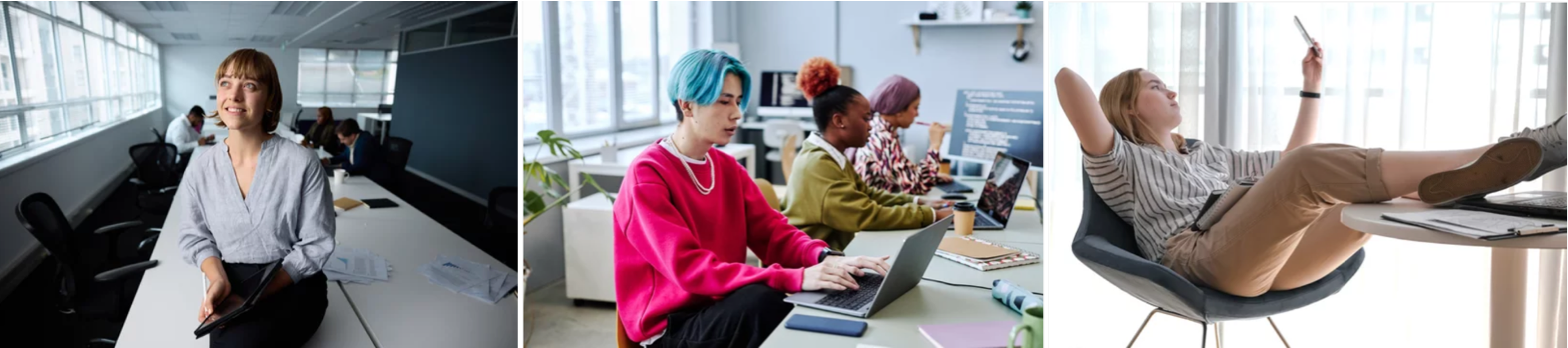 Gen Z employees in modern workplaces — young professionals working in open offices, casual workspaces, and relaxed environments, reflecting new work trends