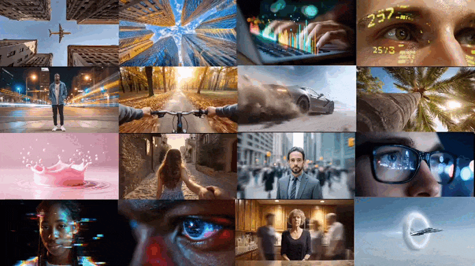 Animated GIF collage of AI-generated MidJourney video clips, featuring cityscapes, close-up eyes, technology scenes, nature shots, business meetings, and cinematic slow-motion moments, designed to attract microstock photography buyers