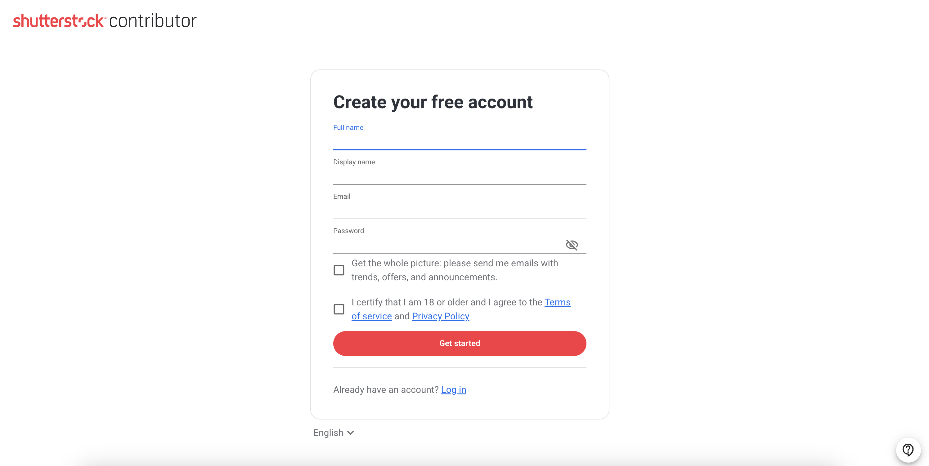 Shutterstock Contributor sign-up form with fields for full name, email, and password
