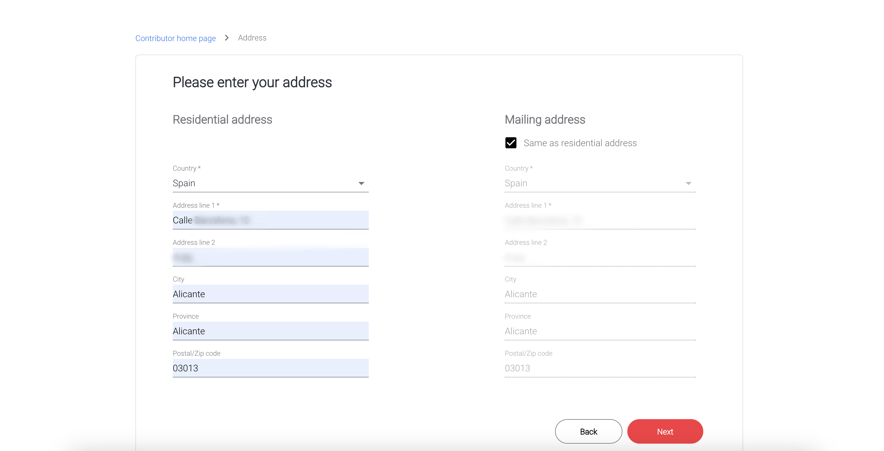 Shutterstock Contributor registration step showing how to enter residential and mailing address
