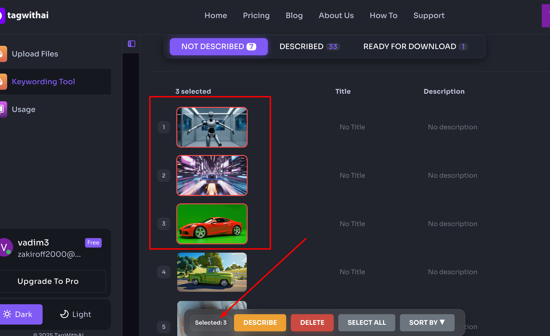 `TagWithAI Keywording Tool showing three selected files highlighted with red border and Describe button in the bottom toolbar`
