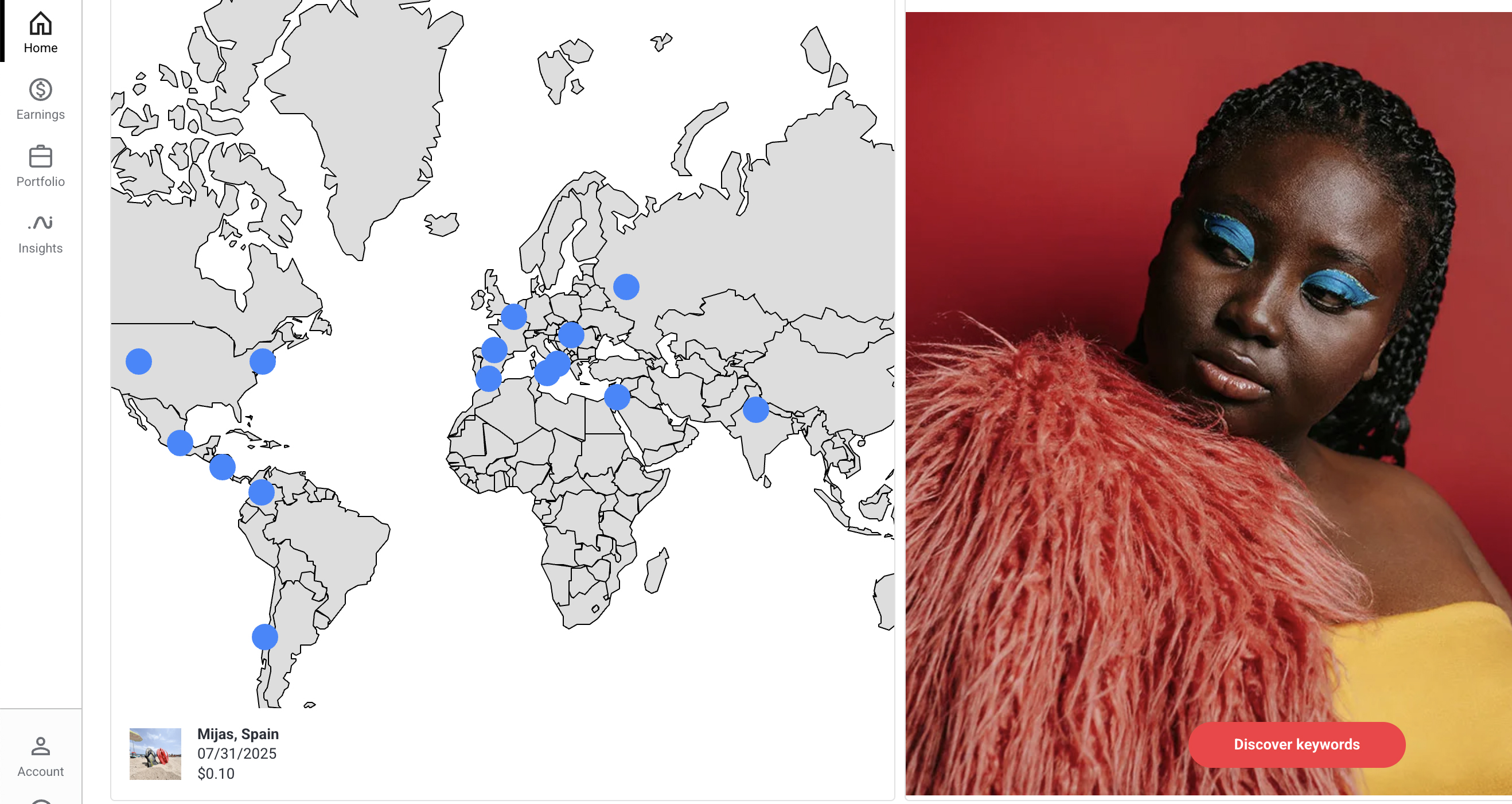 Photo sales heatmap on Shutterstock Contributor dashboard with geographic download locations and content preview