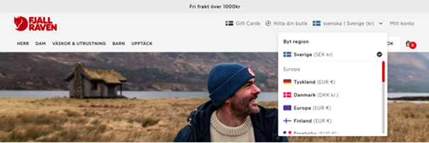 Fjällräven dropdown menu