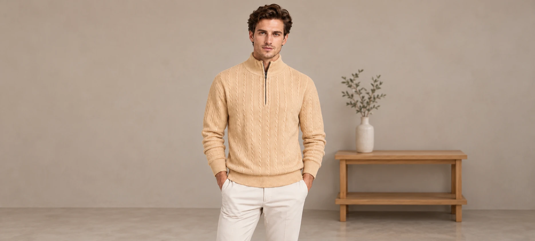 Man in an apricot cable half-zip beside an oak bench and vase