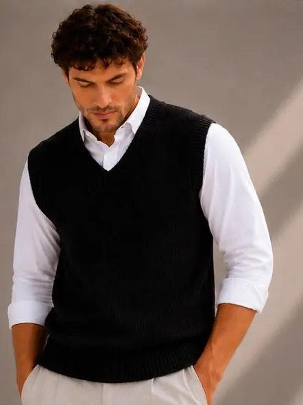 Model wearing the black pashmina V-neck sweater vest