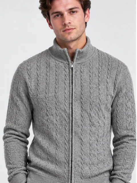 Model wearing the classic grey pashmina cable-knit zip cardigan