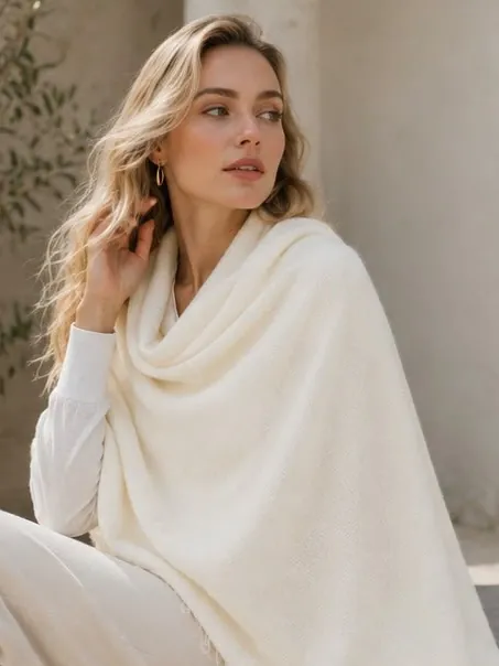 Seated model wearing the ivory pashmina shawl